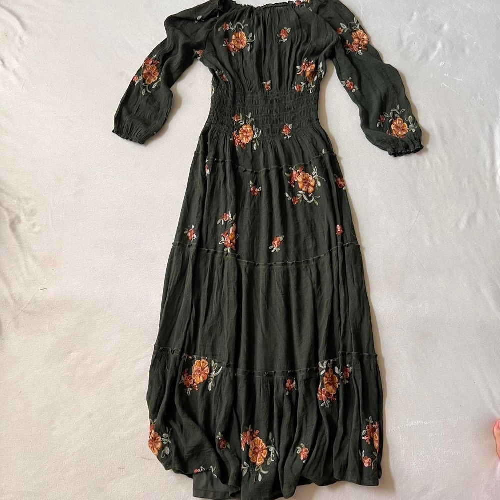 Fig & Flower Green Floral Embroidered Long Tiered Maxi Autumn Fall Thanksgiving - Picture 8 of 8